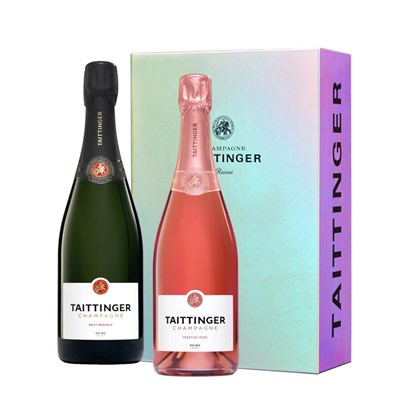 Taittinger Brut and Rose in Branded Monochrome Gift Box